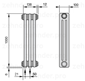 Схема (чертеж) Радиатор Zehnder Charleston 3100/3 №3370 Белый глянцевый RAL 9016